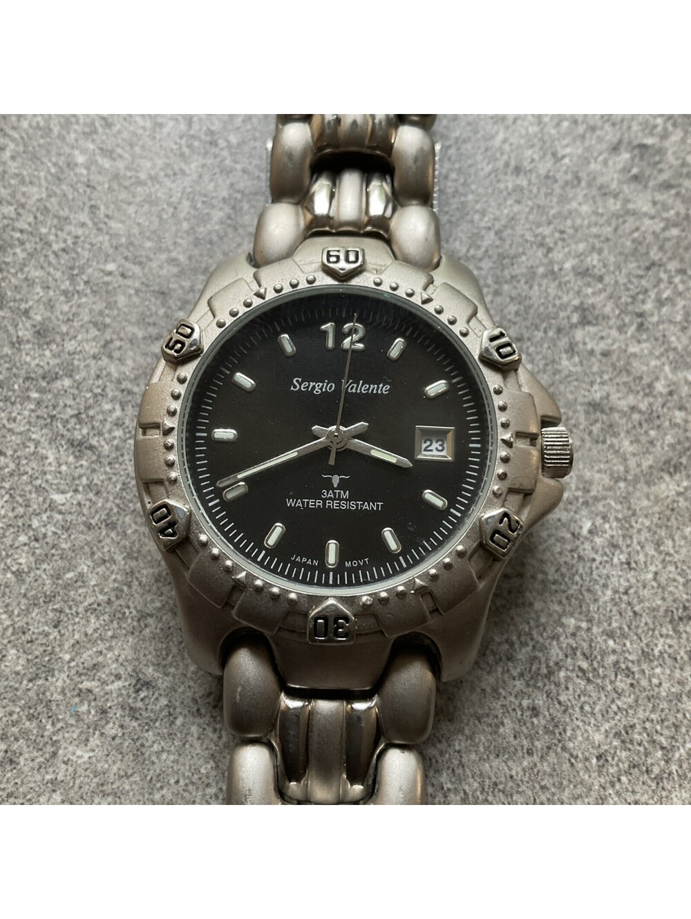 Vintage Sergio Valente Men Diver Style Watch 41mm Silver Tone Case Black Dial D4